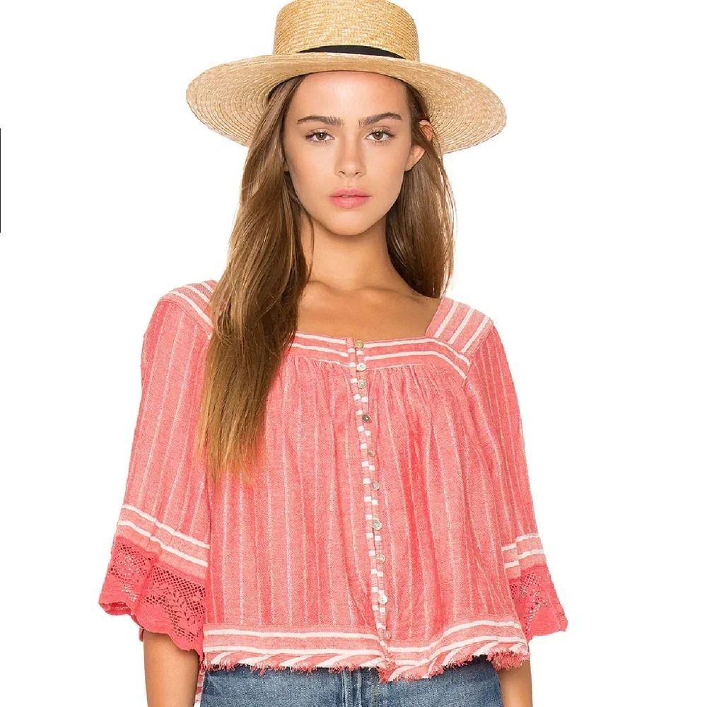 1134 Free People See Saw Top Cropped Blouse - XS - Red